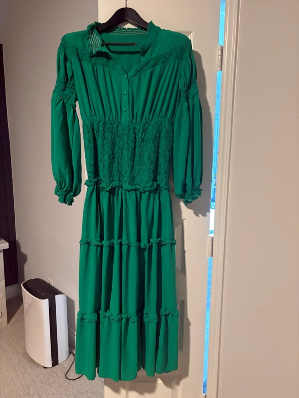 Green Tiered Long Sleeve Smocked Waist Maxi Dress